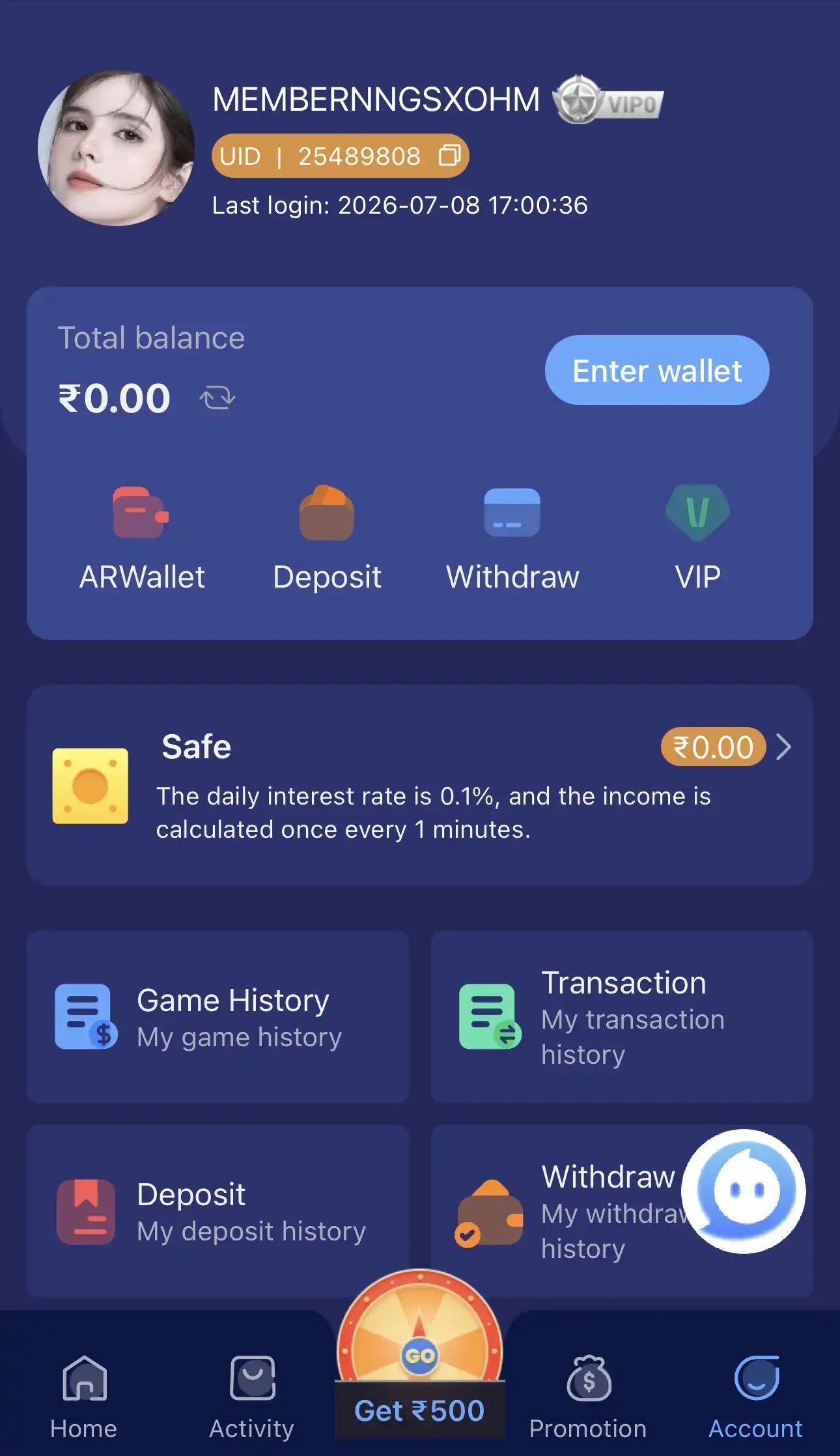 Tiranga Game dashboard screenshot